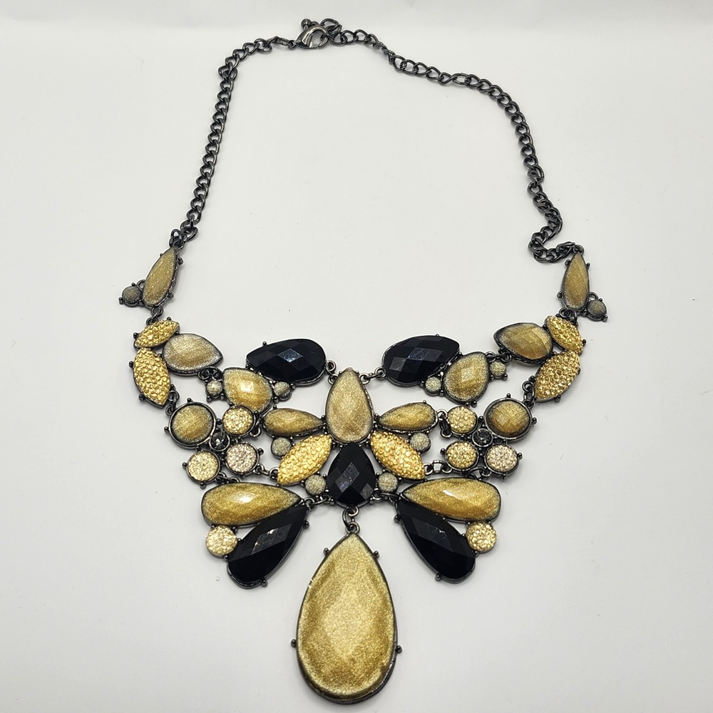 Gold and Black Statement Bib Necklace Gunmetal Chain Teardrop Rhinestone Accents
